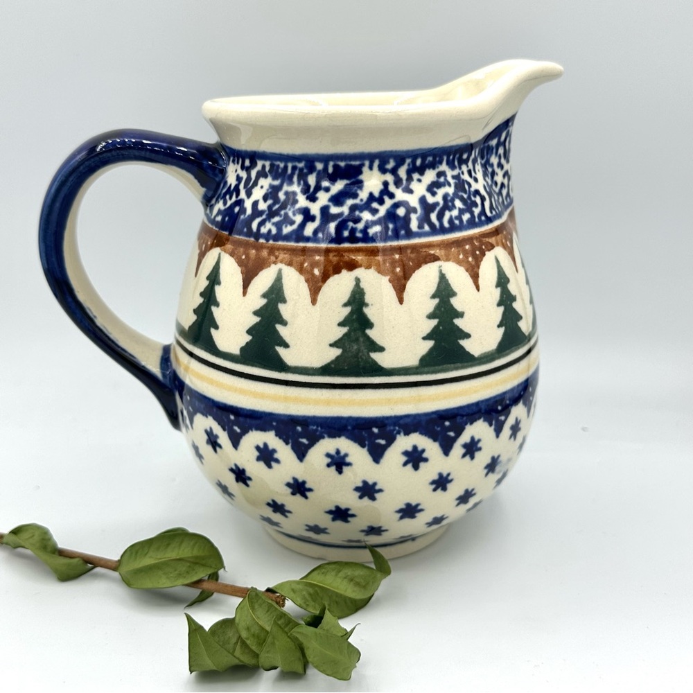 Vintage Polish Boleslawiec Blue Stars & Pines Pitcher 24 oz